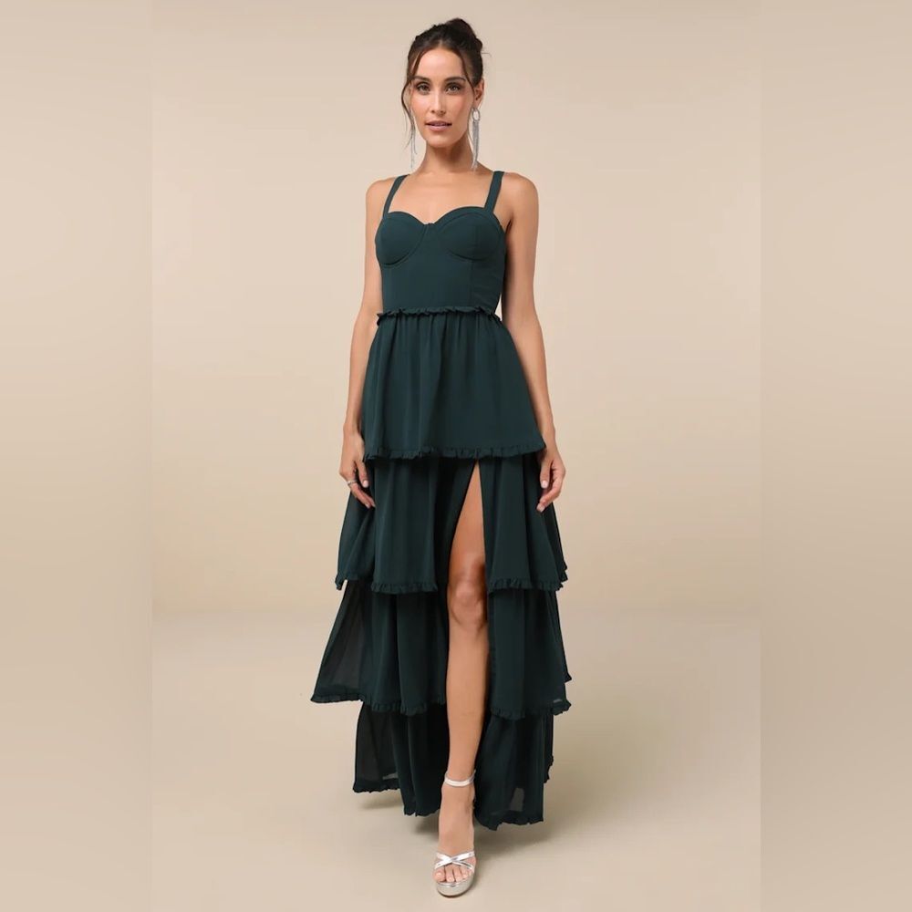 Lulus Sophisticated Occasion Emerald Green Bustier Lace-Up Maxi Dress